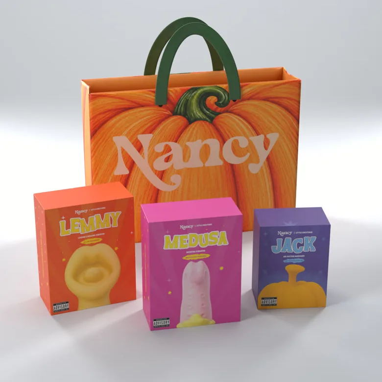 The Halloween collection: Lemmy, Medusa and Jack boxes in front of a Nancy pumpkin bag