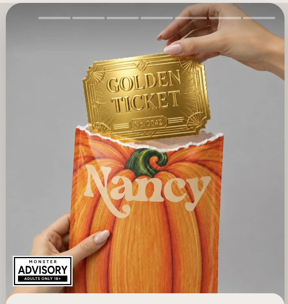 Golden Ticket No. 0042 pulled from a torn Nancy pumpkin bag